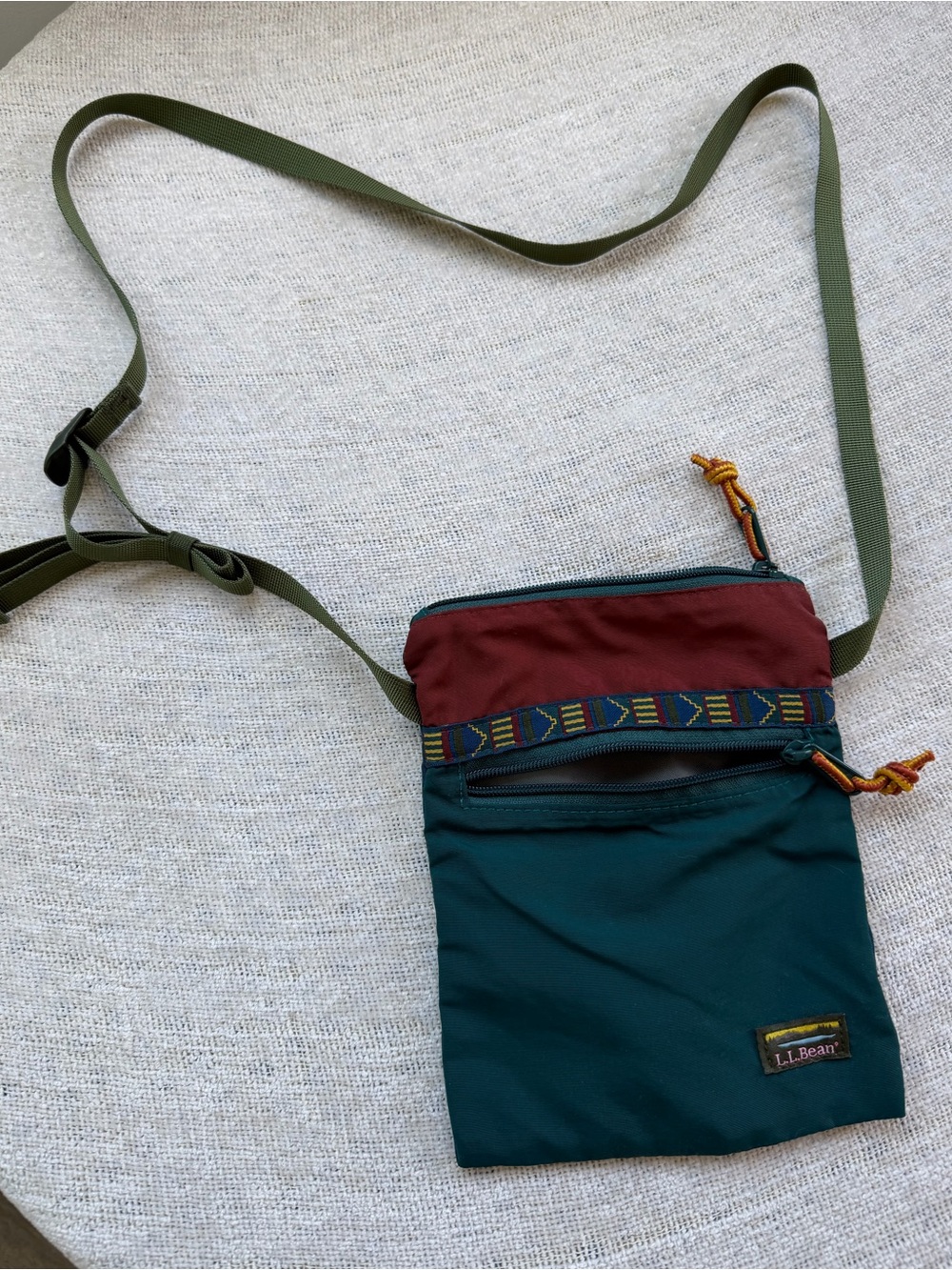 L.L. Bean forest green fabric crossbody with brown accent and adjustable strap